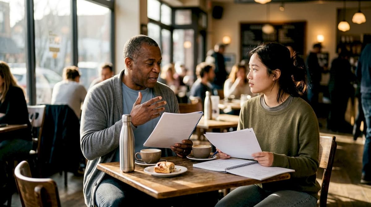 Diverse pair practicing listening role-play together