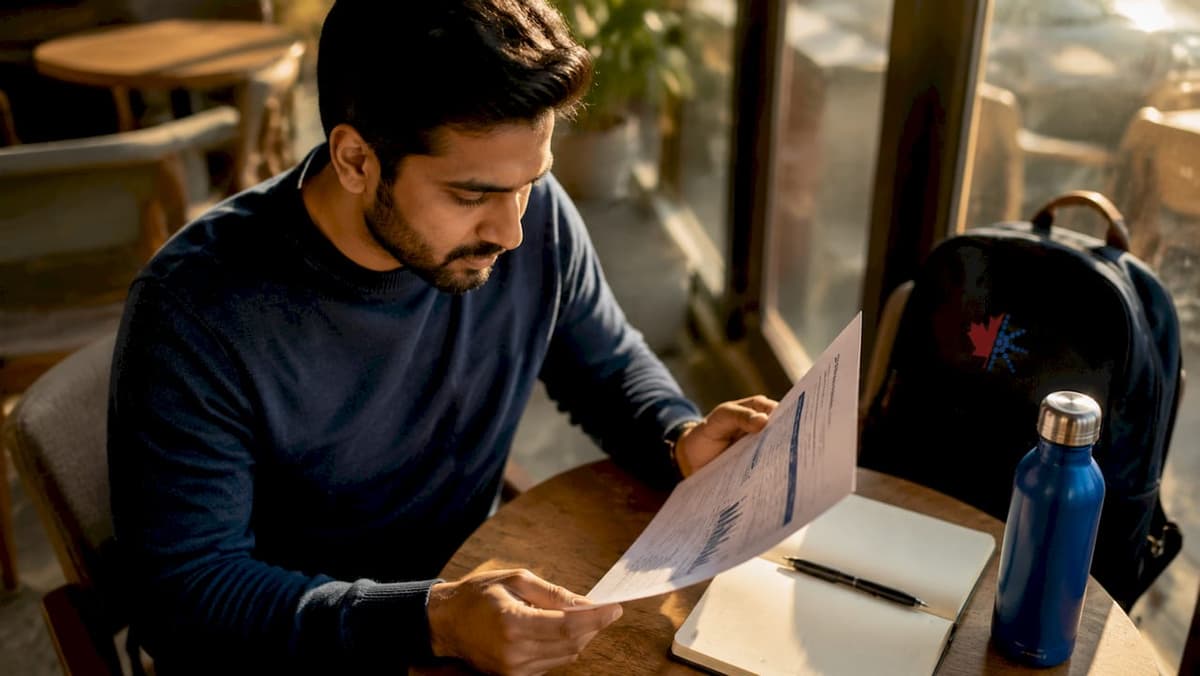 Man reviewing language test scores at kitchen table