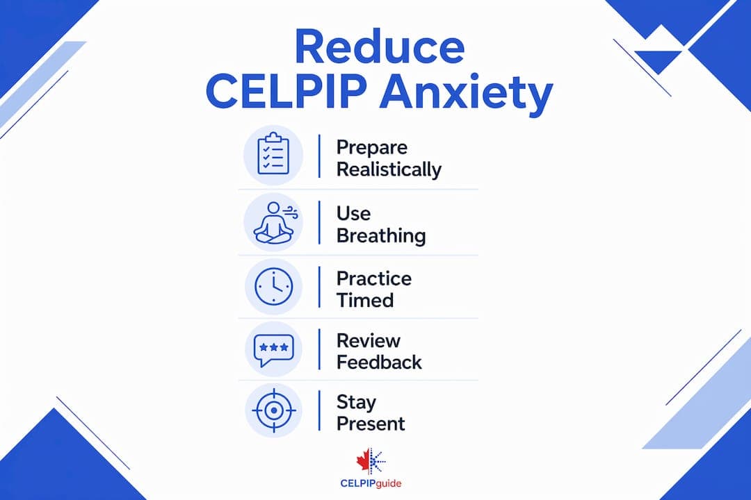 Infographic listing five steps to reduce CELPIP anxiety