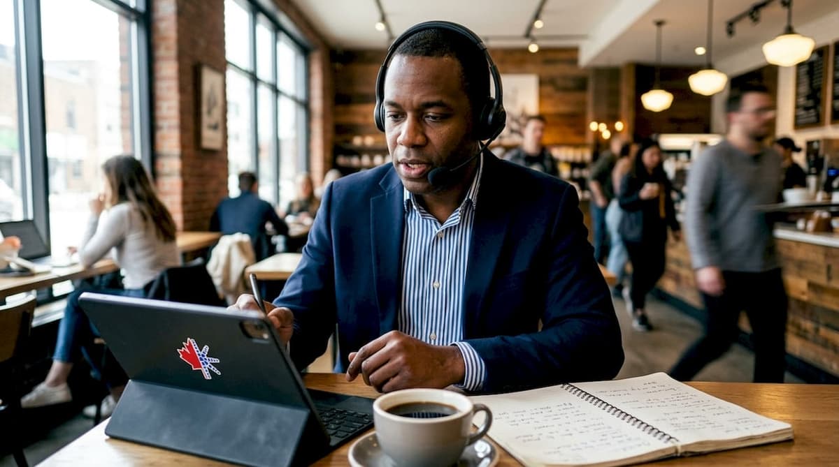 Professional man practicing English conversation in office