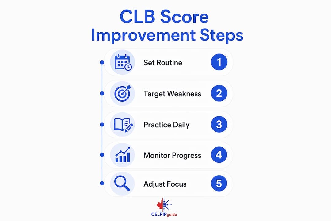 Infographic outlining steps to improve CLB score by consistent practice