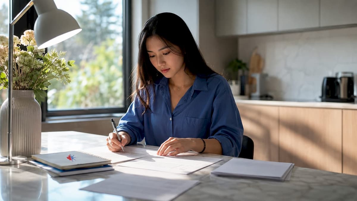Woman practicing formal writing for CELPIP at desk