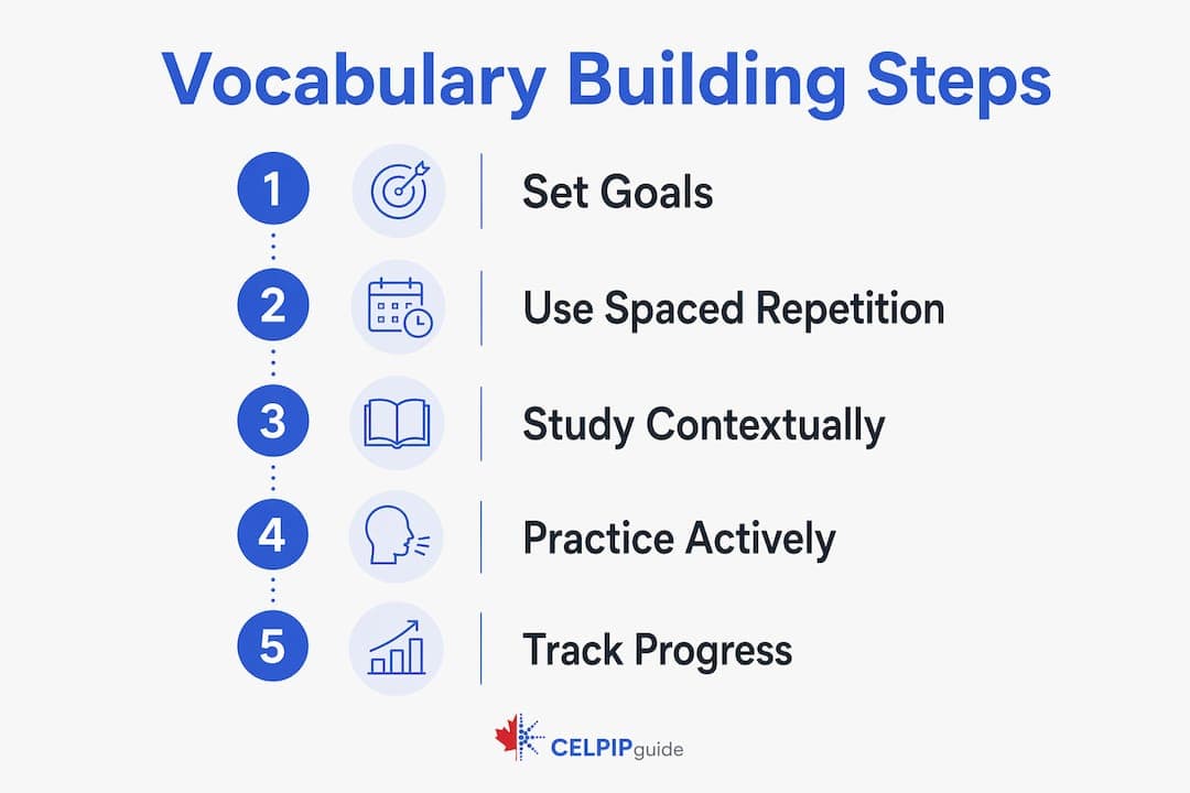 Infographic outlining vocabulary building steps