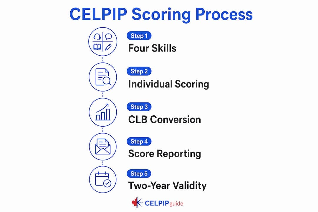 Infographic illustrating CELPIP scoring process steps
