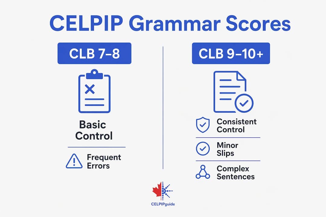 Infographic comparing CELPIP grammar score levels