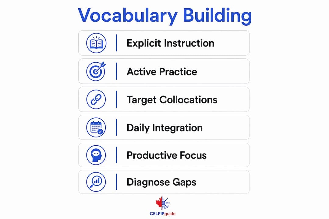 Infographic outlining vocabulary building strategies