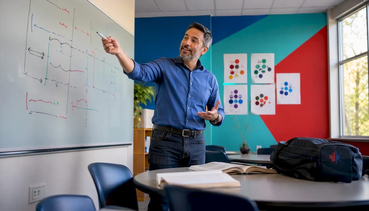 Teacher explaining complex sentences in classroom