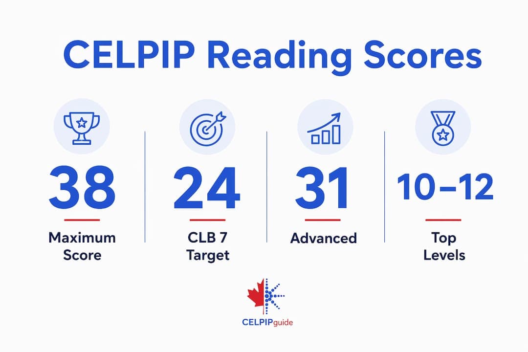 Infographic displaying CELPIP reading score levels and targets
