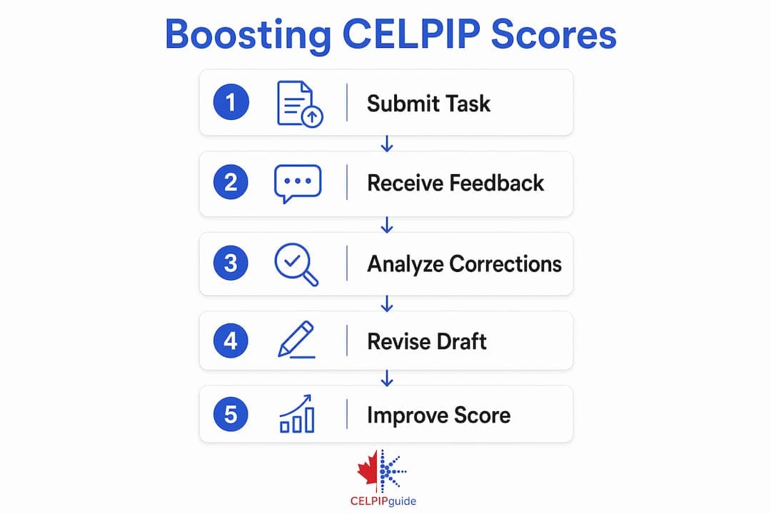 Infographic illustrating five-step CELPIP writing feedback process