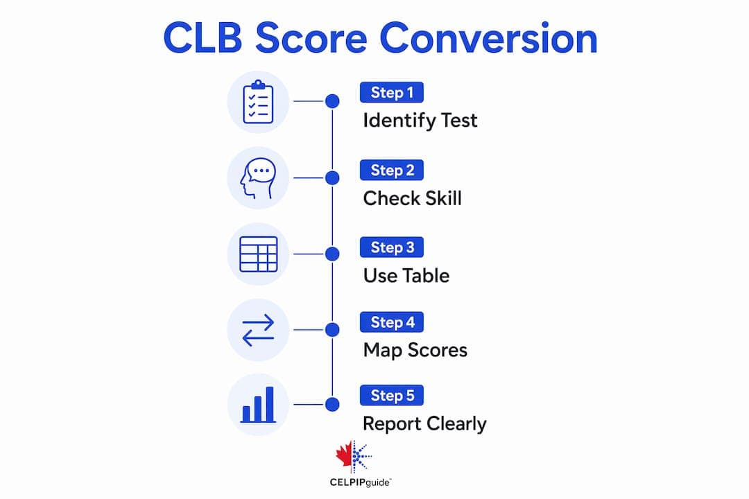 Infographic showing CLB score conversion steps