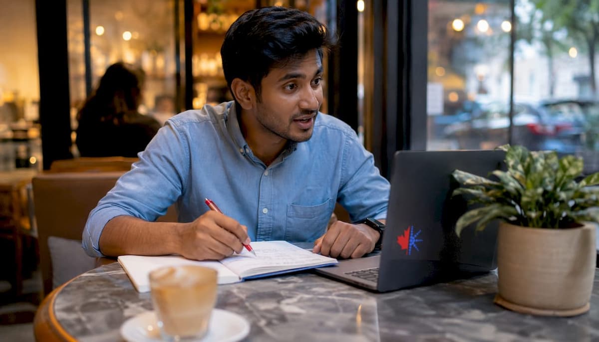 Man practicing speaking with pen gestures