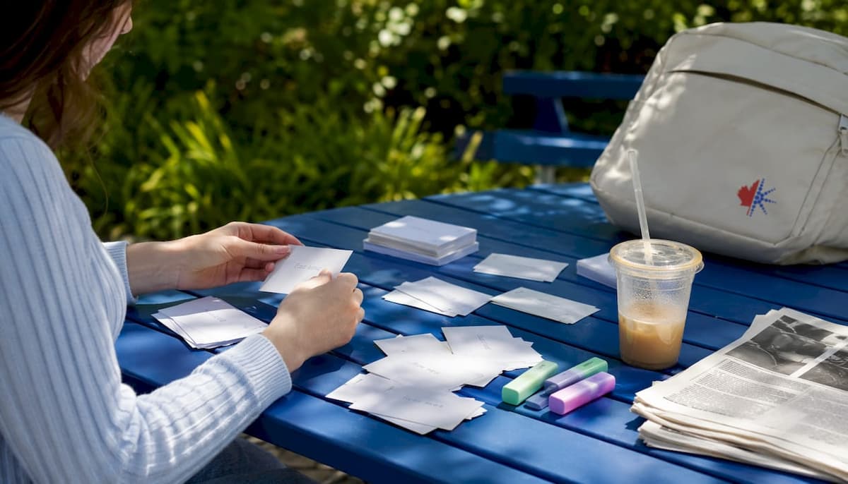 Hands organizing vocabulary flashcards on table