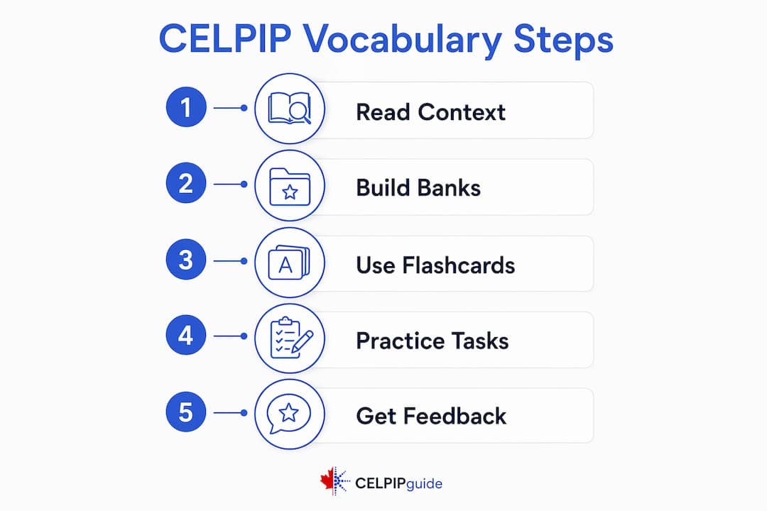 Infographic showing five key vocabulary study steps