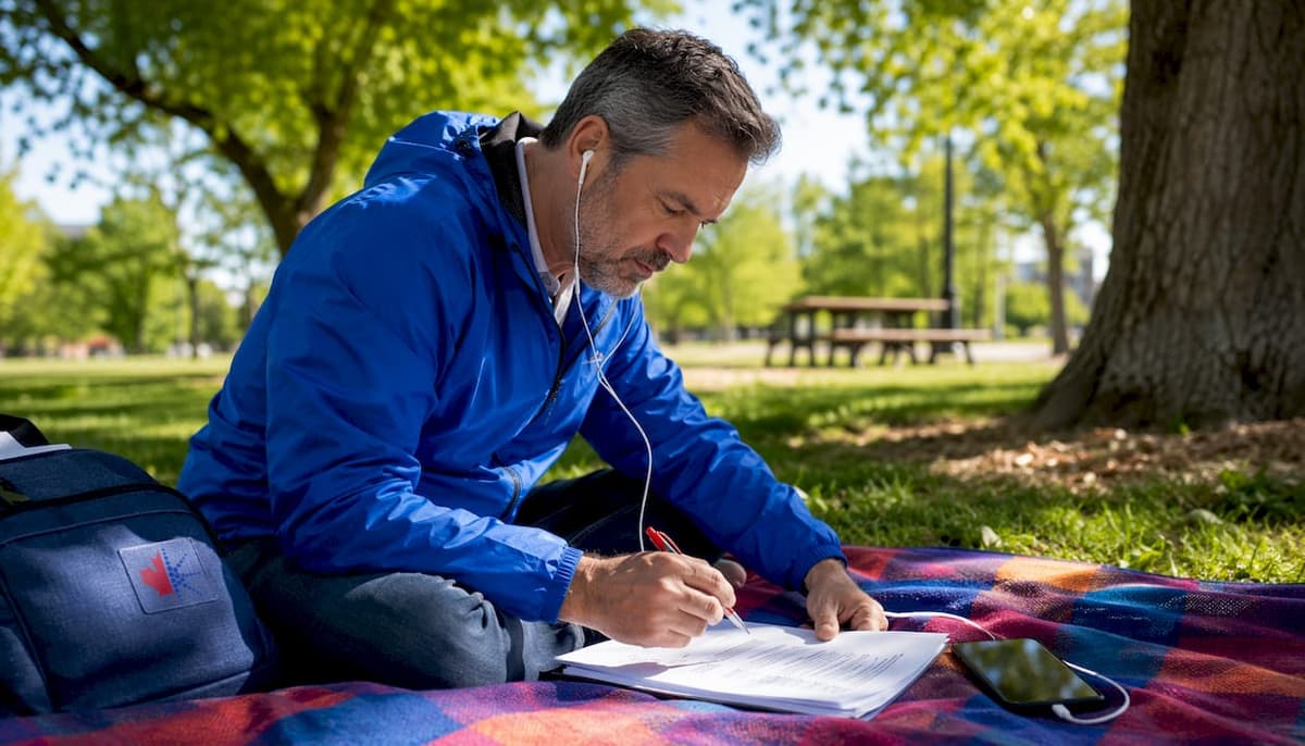 Man doing CELPIP listening drill at café table