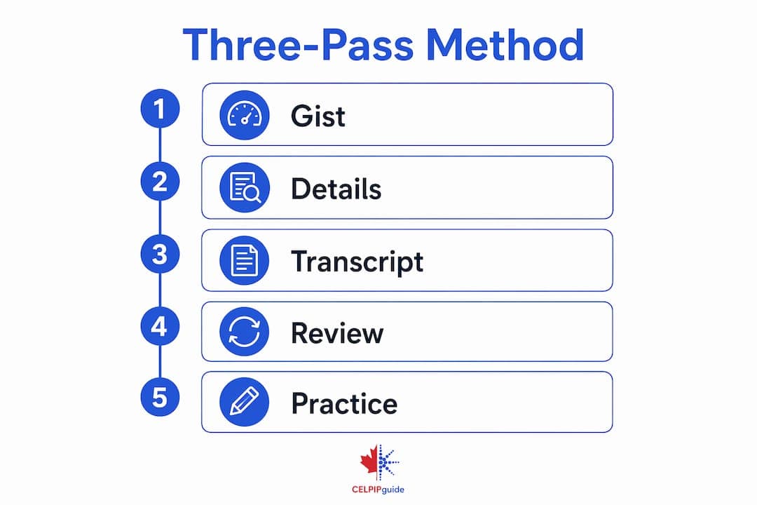 Infographic illustrating the three-pass CELPIP listening method