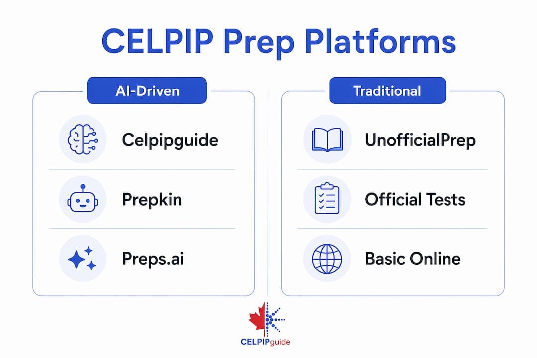 Infographic comparing CELPIP prep platforms categories