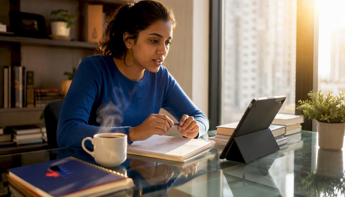 Woman practicing CELPIP speaking at home desk
