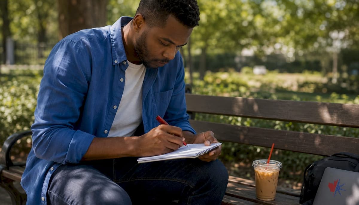 Overhead view of man writing anchor words in café