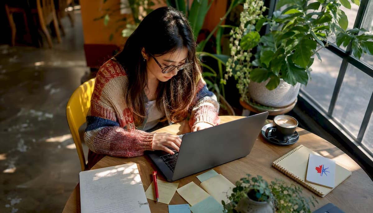 Woman typing email for CELPIP test
