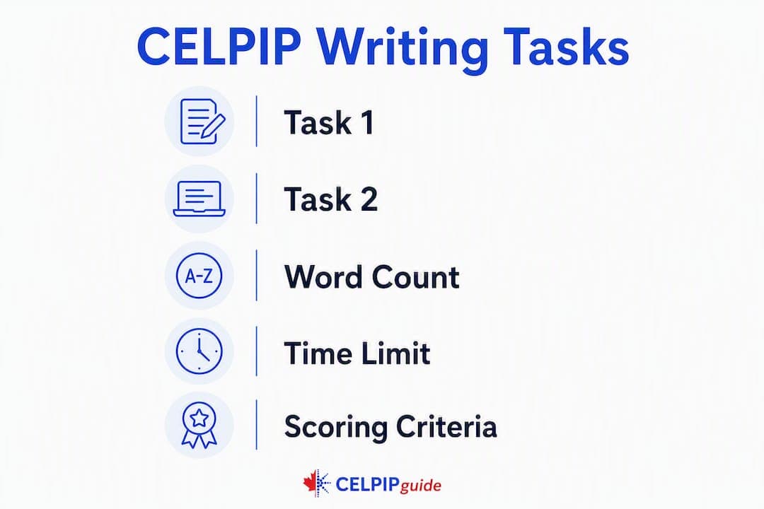 Infographic overview of CELPIP writing tasks and scoring