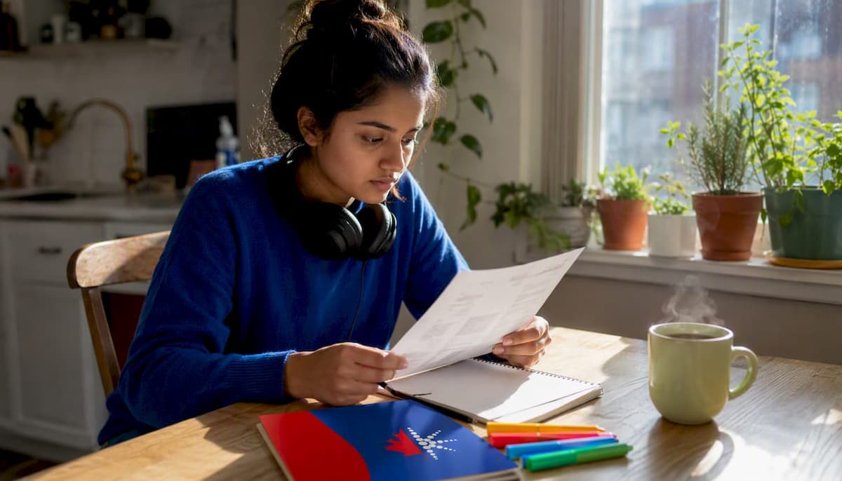 Woman preparing for CELPIP listening test at home desk