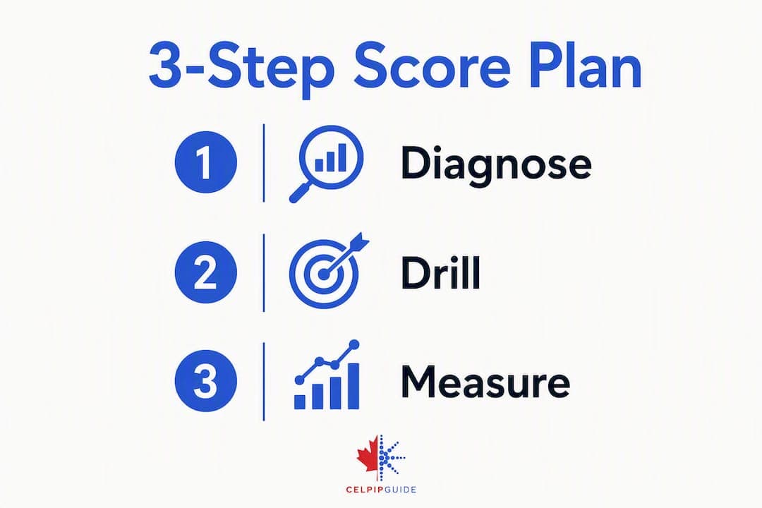 Infographic illustrating three-step plan to improve CELPIP listening score