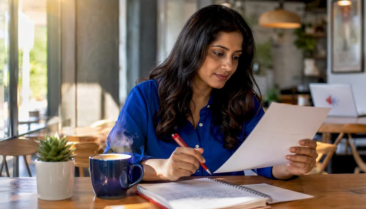 Woman reviewing language proficiency report at desk