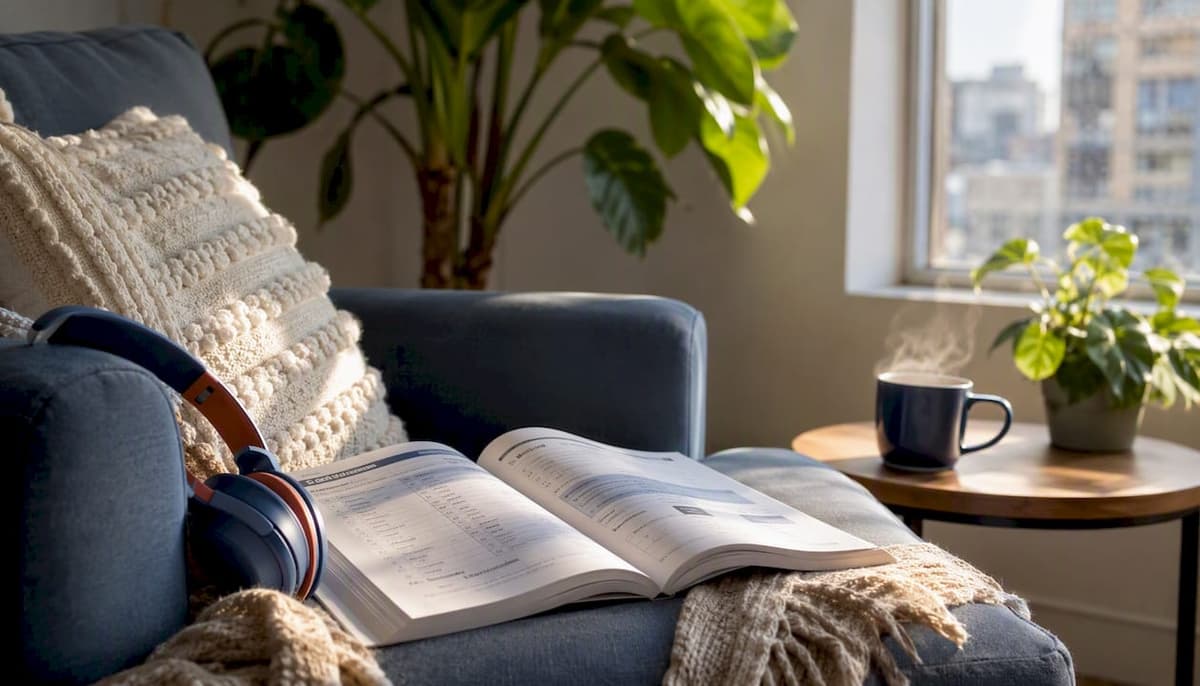 IELTS prep book and study tools on desk