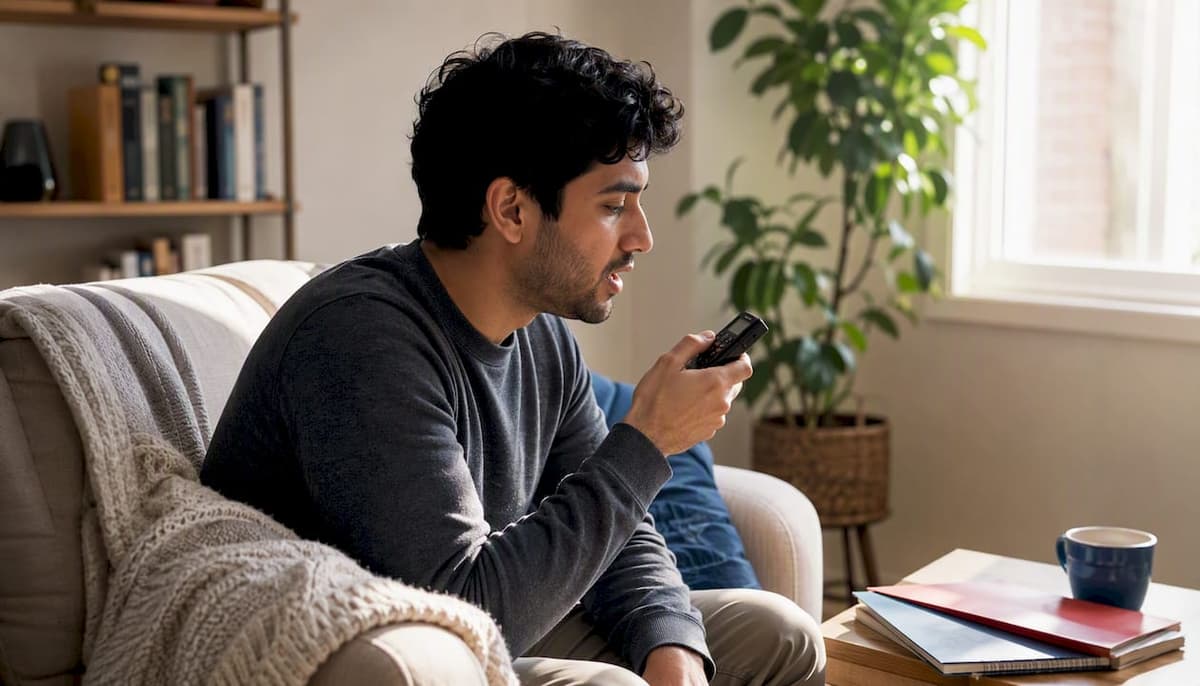 Person practicing speaking aloud at home desk