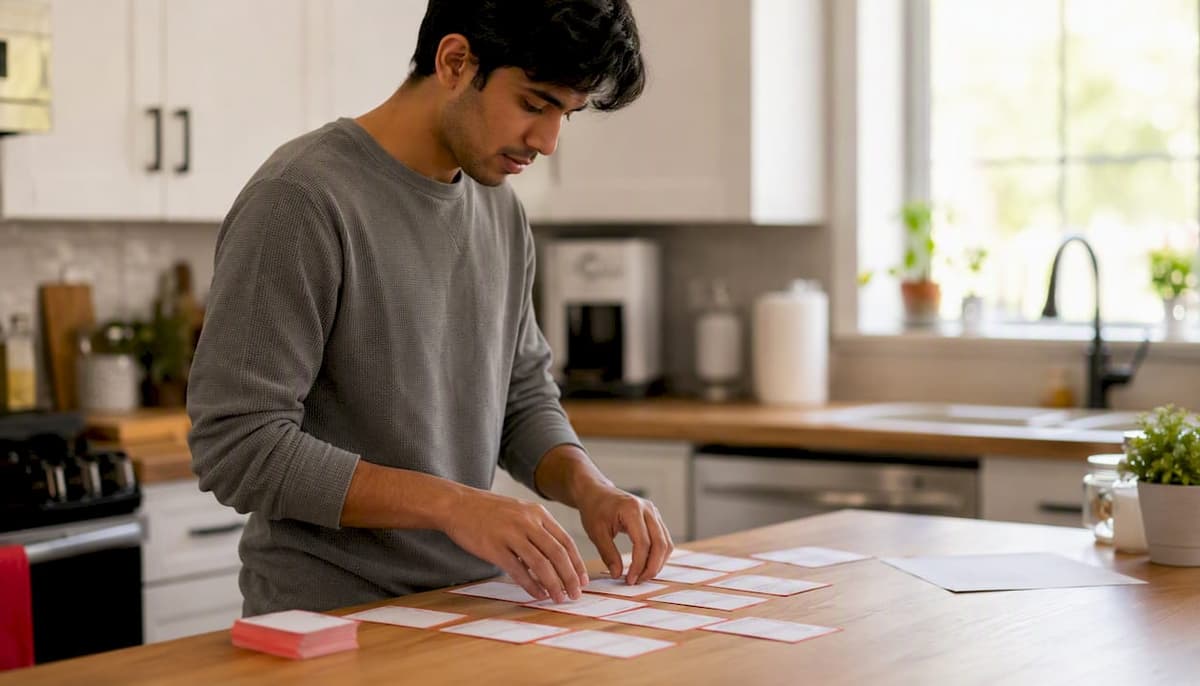 Hands sorting CELPIP vocabulary flashcards