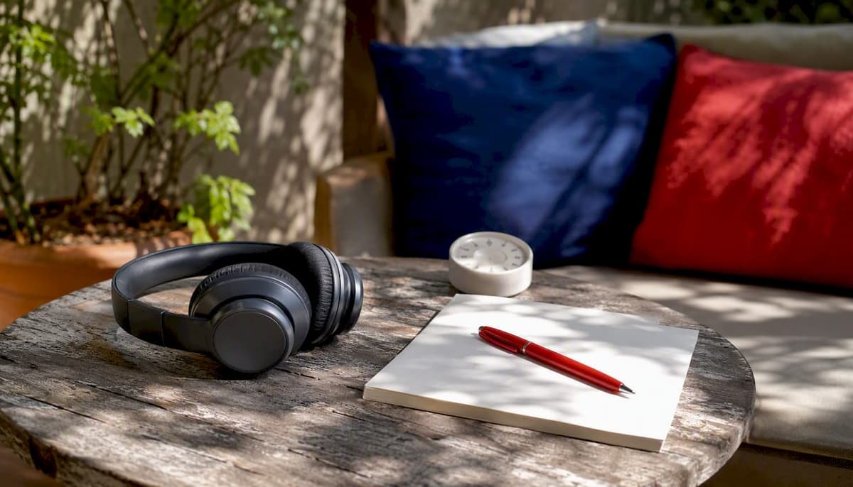 Headphones and notebook on wooden table