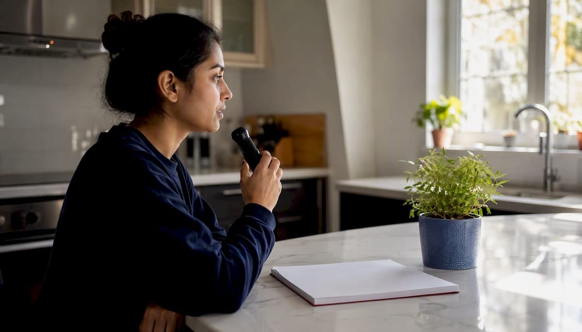 Person practicing speaking with voice recorder