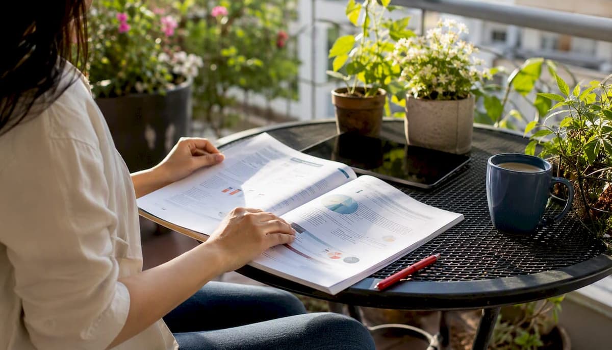 Hands with CELPIP study guide and tablet on desk
