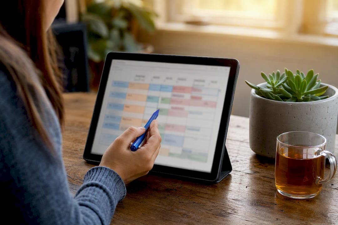 Hands pointing at study schedule on tablet