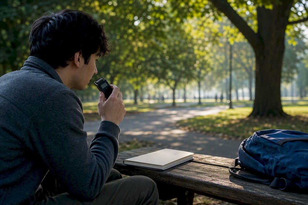 Student recording speaking practice at desk