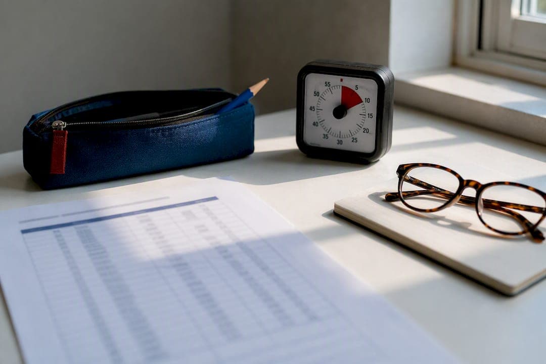 Desk with scoring chart and study accessories
