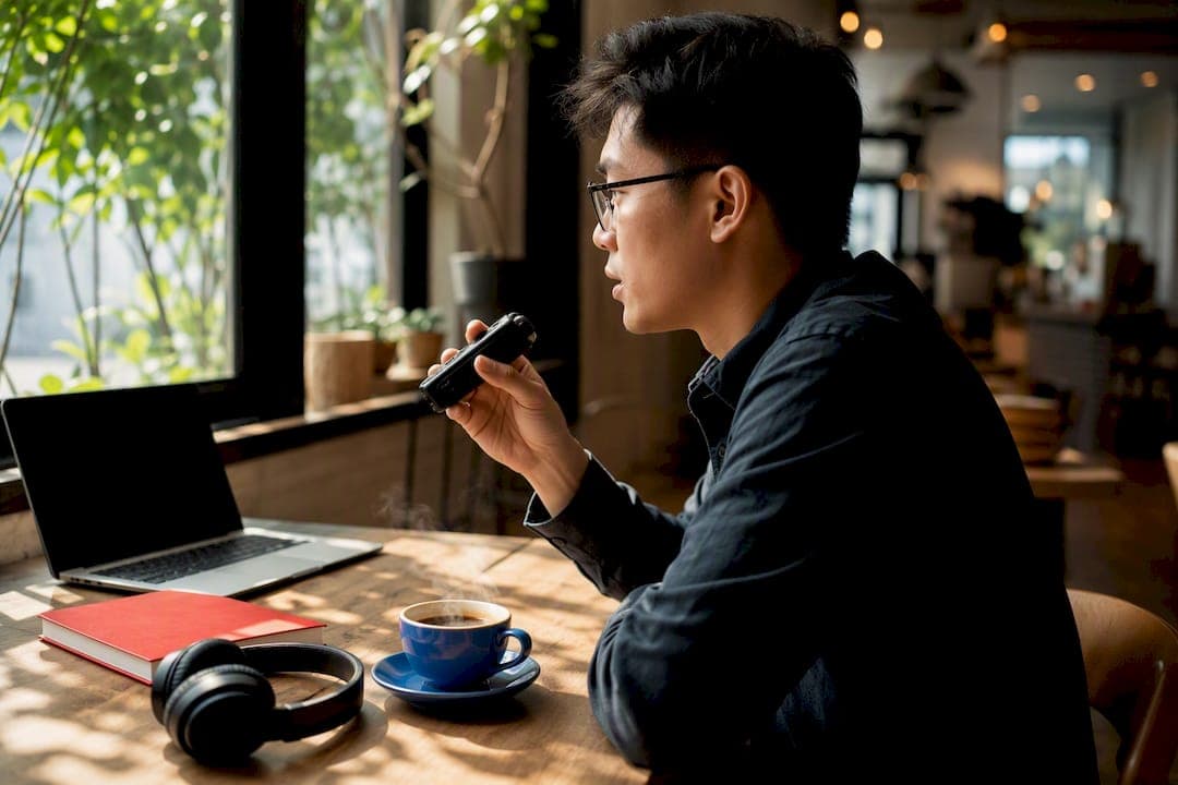 Person practicing speaking aloud at study desk