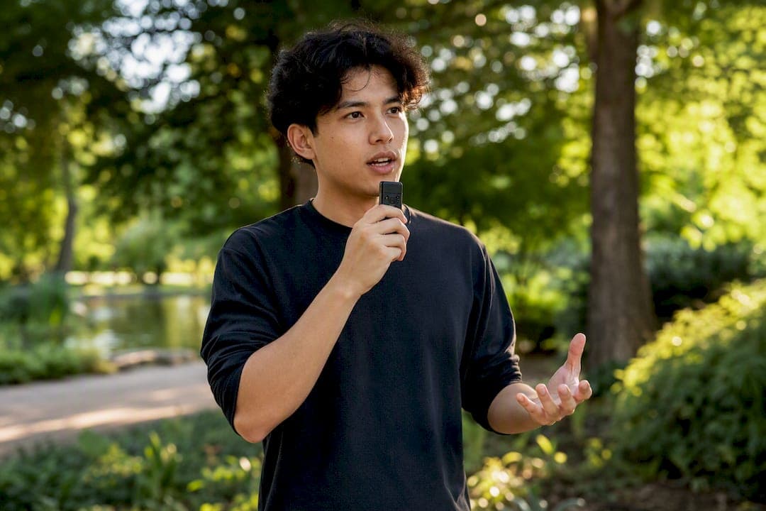 Person speaking aloud outdoors practicing reflection