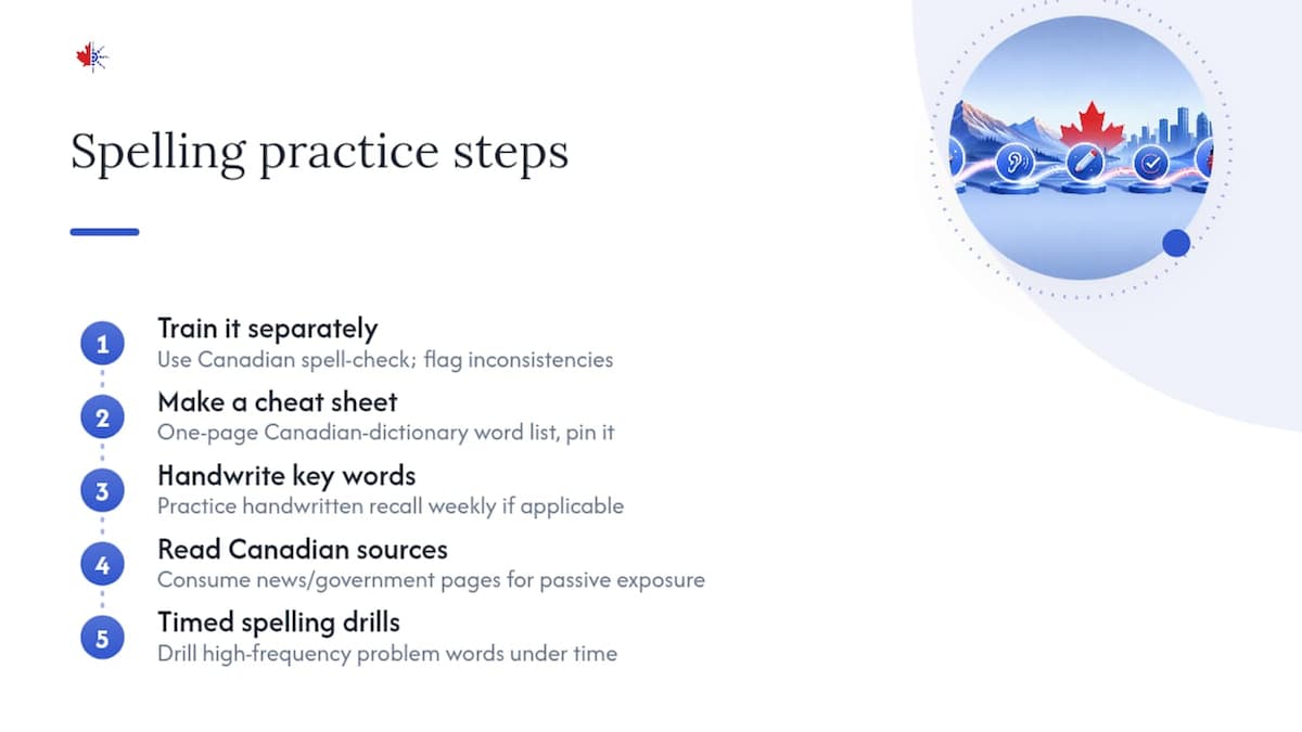 Tips for building Canadian spelling into your CELPIP prep — overview diagram